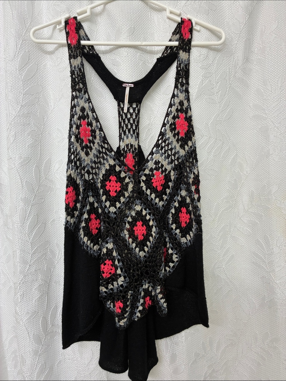 Free People Black Crochet Racerback Tank with orange & Gray Motif